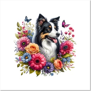 A border collie with beautiful colorful flowers Posters and Art